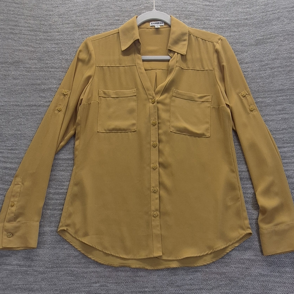 Express Women's Mustard Yellow Button-Front Blouse Size XS-TP